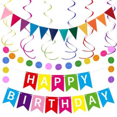 Imagem de Decorações coloridas de aniversário, faixa colorida de feliz aniversário, redemoinhos metálicos, bandeira de galhardete de feltro triangular, guirlanda de pontos circulares, suprimentos de decoração