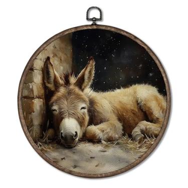 Imagem de Giosve Pôster emoldurado em tela vintage de burro de Natal redondo, esculturas de parede para pendurar burro de casa de fazenda retrô rústico para decoração de sala de estar, 25 x 25 cm