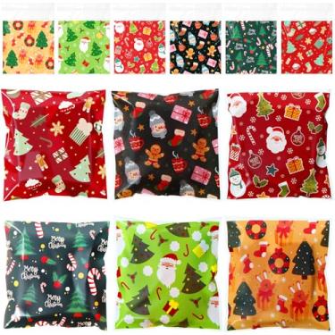 Imagem de Gersoniel 300 sacos de presente de Natal autoadesivos, sacos de biscoito de celofane para doces de 9 x 10 cm, saco de plástico transparente com 6 designs para lembrancinhas de festa de Natal