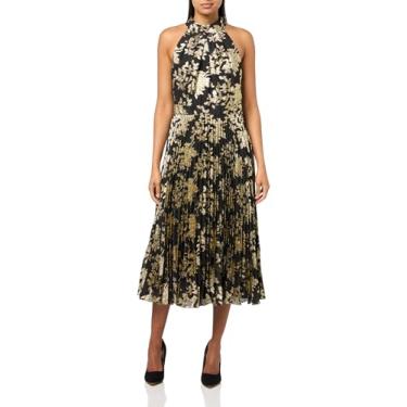 Imagem de Eliza J Vestido feminino sem mangas frente única novidade chiffon plissado saia midi, Preto, dourado, 48