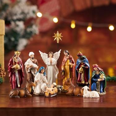 Imagem de BESBLEE Conjuntos de presépio para o Natal, interior, conjunto de 13 peças de 10 cm, decoração de casa, cena do presépio, clássico, conjunto de estatuetas de resina, decorações religiosas, coleção de presentes para todos