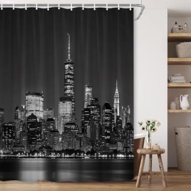 Imagem de Cortina de chuveiro com horizonte noturno da cidade de Nova York, arranha-céus pretos e brancos com reflexão de água, moderno, paisagem urbana, estrelada, tecido de poliéster, decoração de banheiro