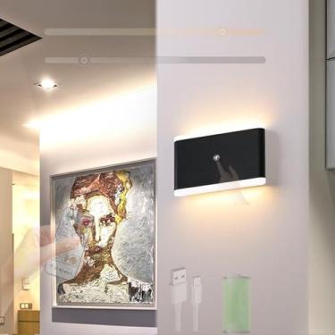 Imagem de GZZBMY LED Bateria Arandela com Controle de Toque Controle de Toque Regulável Lâmpadas de Parede USB Recarregável Alumínio Magnético Iluminação de Parede Escada Sala de Estar Quarto (Preto 8000 mA)
