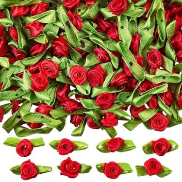 Imagem de SOFPLATE 1 caixa, 100 peças, fita de cetim, mini tecido, flores, fita vermelha, rosas com folhas verdes, enfeites de flores artificiais para artesanato, artesanato, costura, embrulho, decoração de