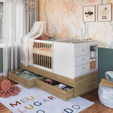 Imagem de Berço Cama Bebê Multifuncional 3 Gavetas Aveiro Oak/Branco - Completa 