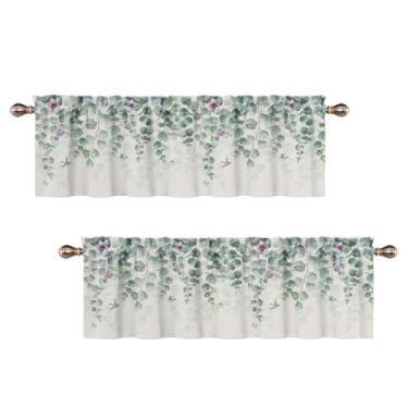 Imagem de Uiiooazy Saia verde sálvia folhas de cozinha folhas de eucalipto verde flores roxas saia para janela pequena 132x45 cm cortina de janela com bolso de haste para sala de estar quarto 2 painéis