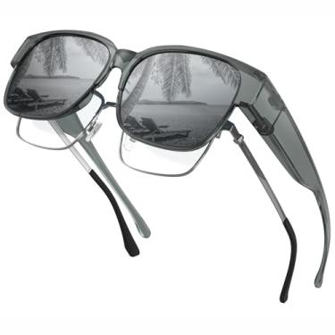 Imagem de LianSan Óculos de sol polarizados para mulheres e homens – Warp Around Fit Over Sunglasses com proteção UV Fit Over Shades, Armação cinza claro/lentes cinza, G