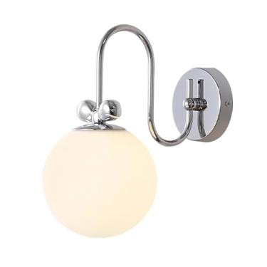 Imagem de Luminária de parede de vidro moderna Globe Milk White Glass Luminária de parede cromada para cabeceira, Luminária de parede Bauhaus contemporânea com fiação interna de metal para quarto, ban