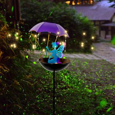 Imagem de Alimentador solar de pássaros com guarda-chuva para decoração de jardim de fadas para mulheres, decoração ao ar livre, estaca, metal, para pátio, quintal, festival, caminho, paisagem, gramado