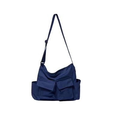 Imagem de Bolsa mensageiro de lona grande Hobo bolsa transversal com vários bolsos bolsa casual de ombro para mulheres e homens, Azul marino, L13.3 in/34cm*W5.9 in/15cm*H15.7 in/40cm, Azul-marinho