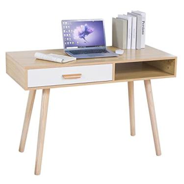 Imagem de AKALNNB Escrivaninha de PC com gaveta, estilo moderno, mesa de escritório pequena de madeira, mesa de escritório em casa, simples para PC, laptop, para espaços pequenos, fácil de instalar (madeira)