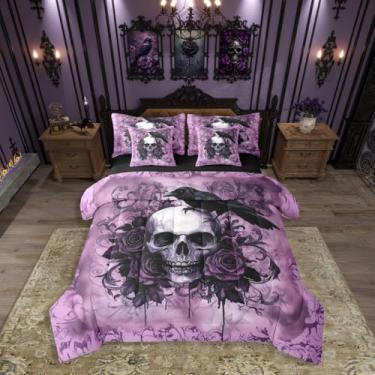 Imagem de Erosebridal Jogo de cama King gótico de caveira de Halloween roxo de caveira de açúcar em uma bolsa com lençóis, esqueleto gótico, conjunto de edredom para crianças e adultos, conjunto de cama de flor