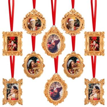 Imagem de Bucherry 10 porta-retratos vintage com fita de veludo, resina barroca, pequenas molduras douradas, vintage, enfeites para pendurar na parede, para exibição de imagens, árvore de Natal, decoração de