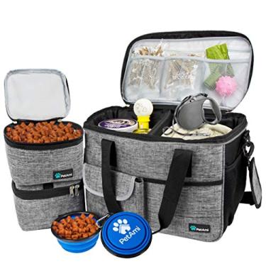 Imagem de Bolsa de viagem para cães PetAmi | Organizador de sacolas aprovado por companhias aéreas com bolsos multifuncionais, bolsa para recipiente de alimentos e tigela dobrável | Conjunto de viagem perfeito para cães e gatos (cinza, pequeno)
