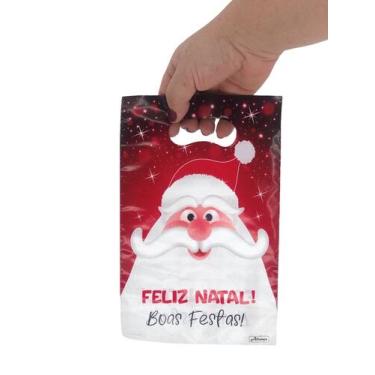 Imagem de 50 Sacola Boca de Palhaço Feliz Natal Papai Noel  Embalagem Plástica D