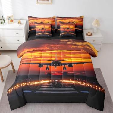 Imagem de Erosebridal Jogo de cama solteiro com 7 peças, avião, avião, avião, avião, transporte e lençol com elástico, lençol de cima, fronhas