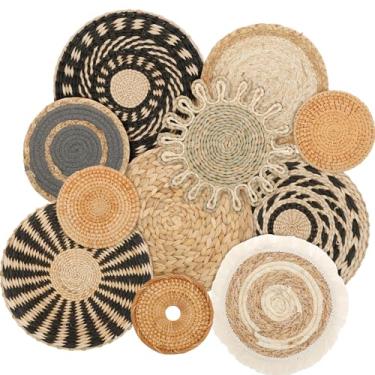 Imagem de HJJWNDDNG Pacote com 11 cestos de parede Boho para decoração de parede, arte de parede plana rústica de alga marinha de vime de vime boho, cestas redondas para pendurar na parede da casa de fazenda