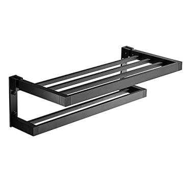 Imagem de Prateleira de banheiro Prateleira de banheiro, toalheiro de banheiro com duas barras de toalha, suporte de toalha de parede, material de alumínio, prateleiras flutuantes pretas/suporte de chuveiro