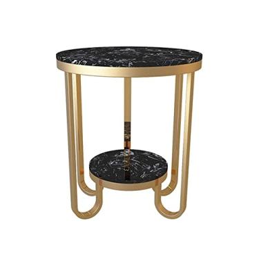 Imagem de Mesa lateral nórdica moderna de aço inoxidável dourado mesa de centro 2 camadas mármore pequena mesa redonda rack de armazenamento quarto mesa de cabeceira 50 × 60 cm (cor: branco) (branco) (preto)