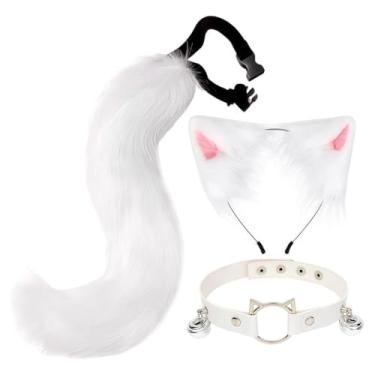 Imagem de UGPLM Conjunto de orelhas e cauda de gato e, acessórios para fantasia de cauda longa para dramatização baile de máscaras, Branco