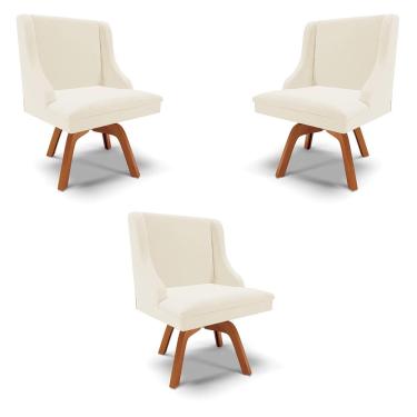 Imagem de Kit 3 Cadeiras Decorativas Sala de Jantar Base Giratória de Madeira Firenze Veludo Bege/Natural G19 - Gran Belo