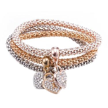 Imagem de Pulseiras elásticas Cutesmile Fashion Jewelry 3 peças dourado/prata/ouro rosé Corrente de cristal pingentes multicamadas, Gold,Rose Gold and Silver, Heart, 1