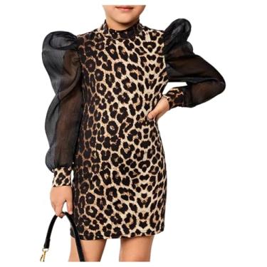Imagem de WDIRARA Toddler Girl's Leopard Mesh Long Puff Sleeve Dress Mock Neck Pencil Short Dresses Coffee Brown 5Y