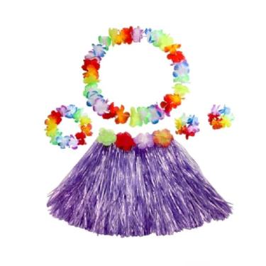 Imagem de Kit Fantasia Saia Havaiana 40 cm Pulseira Tiara Colar Festas Carnaval (Roxo, 40 cm)