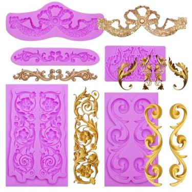 Imagem de Infovox Moldes barrocos de silicone para fondant, conjunto de 5 peças de moldes de bolo decorativos roxos para decoração de bolos, artesanato de argila