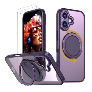 Imagem de HCXLYP Capa para iPhone 17, com 2 películas de vidro temperado, suporte magnético giratório 360, compatível com Magsafe, capa de proteção contra quedas de grau militar, roxa