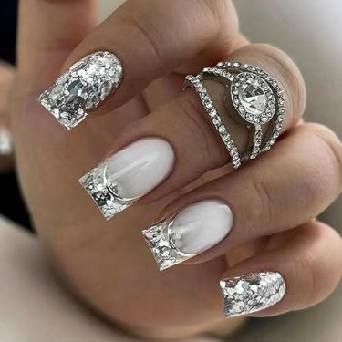 Imagem de Kit Square Press on Nails Unhas falsas de prata francesas médias com design de glitter acrílico artificial prensas falsas cobertura completa para mulheres uso diário manicure casamento 24 peças