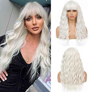 Imagem de SOKU Peruca branca com franja de ar peruca feminina curta bob 50 cm cabelo branco longo ondulado sintético encaracolado fantasia peruca para mulheres moda meninas cabelo sintético resistente ao calor