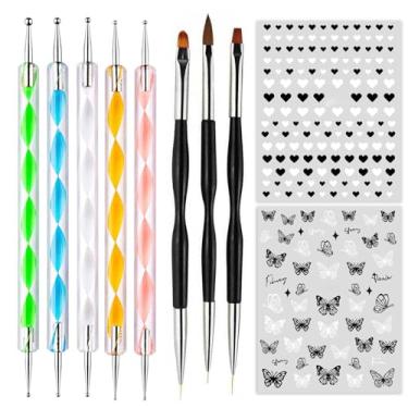 Imagem de Kit de ferramentas de pincéis de unha de 8 peças, conjunto de 3 peças de pincéis de unha para pintura de esmalte de ponta dupla, 5 peças, canetas de pontilhamento de unhas de tamanho duplo