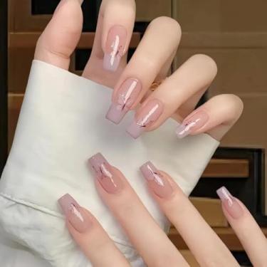 Imagem de Kit de unhas postiças médias longas quadradas francesas com design requintado de borboleta cobertura completa cola em bastão falso artificial em unha acrílica para mulheres, 24 peças