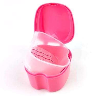 Imagem de 1 estojo para dentadura dentária, protetor bucal dentário, limpeza de caixa de banho com escova, cesto de filtro e tampa à prova d'água - rosa