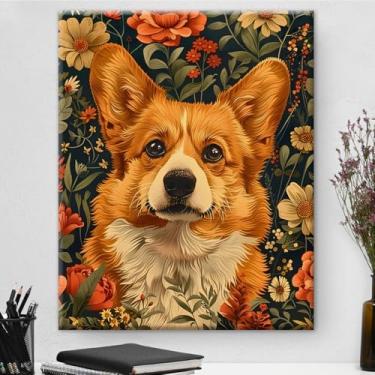 Imagem de Arte de parede botânica vintage emoldurada Pembroke Welsh Corgi Dog - Dark Academia Flowers Decoração de parede para sala de estar quarto casa 20 x 25 cm