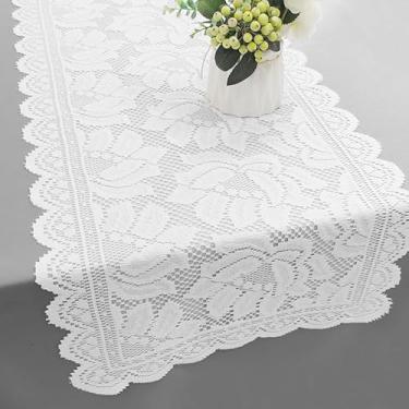 Imagem de Tapete de mesa de renda de crochê retangular cachecol toalha de mesa toalha de mesa crochê feito à mão jogo americano floral (branco floral, 38 x 76 cm)