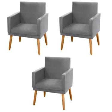 Imagem de Kit 03 Poltronas Lauren Pés Palito Suede Cinza