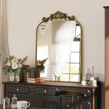 Imagem de Koonmi Espelho vintage, espelho barolão antigo 55 x 76 cm para parede, moldura de bronze com padrões ornamentados, cabeça de flor destacável, espelhos decorativos arqueados de vidro temperado à prova