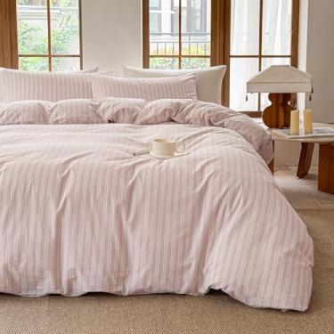 Imagem de BESTDESIL Conjunto de capa de edredom listrado 100% algodão lavado, como roupa de cama macia e respirável (faixa rosa acinzentada/branca, casal)