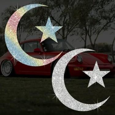 Imagem de Adesivo decalque brilhante brilhante lua crescente símbolo estrela vinil impermeável fácil de aplicar para laptop capacete carro caminhão motocicleta janelas para-choque parede (branco + colorido)