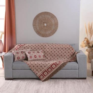 Imagem de Kit 5 Peças Decorativo Geométrico com Almofadas, Estilo Grego, 135x135cm, Tecido Jacquard Algodão/Poliéster, Franjas Decorativas, para Sofá e Poltrona (Vermelho Marrocos)