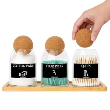 Imagem de 3 peças de suporte Qtip para conjunto de banheiro, frascos de boticário de vidro de 500 ml com tampas e bandeja de cortiça, bola de algodão e suporte de cotonete, organizadores de recipientes de
