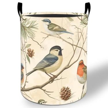 Imagem de Cesto de lavanderia vintage Birds 50 x 40 cm, balde de armazenamento de roupas Oxford dobrável para pássaros e pinheiros para quarto, banheiro, quarto, berçário, organizador de brinquedos, presentes