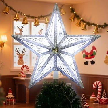 Imagem de LAMPHOME Topo de árvore de Natal de 20,3 cm, 10 LEDs, topo de árvore de estrela com glitter dourado 3D, luz para decoração de árvore de Natal (branco)