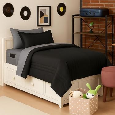 Imagem de Conjunto de edredom de solteiro listrado acolchoado – Conjunto elegante com edredom, protetor de colchão, conjunto de lençóis e fronhas — design listrado sofisticado para casa e quartos de hóspedes