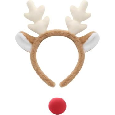 Imagem de Lumadecor Conjunto de tiara de chifre de rena e nariz vermelho para mulheres, faixa de cabeça de veado de Natal para adultos, acessórios de fantasia de festival de Natal