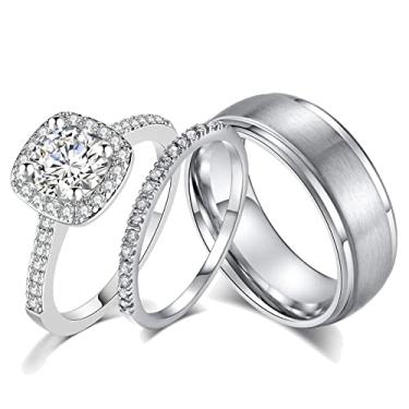 Imagem de CEJUG Conjunto de alianças de casamento de ouro 18 k para ele e ela, alianças femininas masculinas de aço inoxidável de titânio 1,5 ct Cz anéis brancos para casal, Pedra, Zircônia cúbica