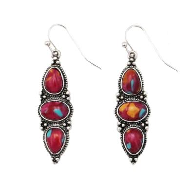 Imagem de Rosemarie & Jubalee Brincos pendentes de estilo vintage, tom prateado antigo, pedra de ostra espinhosa sintética, design de gota tripla