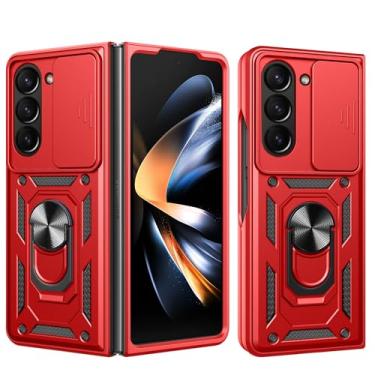 Imagem de RKINC Capa para Samsung Galaxy Z Fold 5 com capa deslizante para câmera e anel giratório com suporte de grau militar à prova de choque com suporte magnético para carro, vermelho